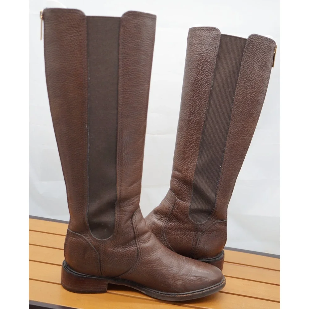 Tory Burch Christy Tall Riding Boots Brown Pebbled Leather Rear Zip Size: 8.5 M